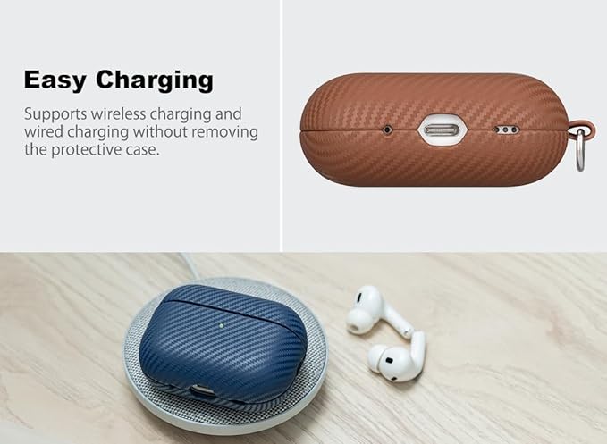 Leather Case - for AirPods Pro 2 Case Cover with Keychain - Selected Skin-friendly Leather, Carbon Fibre Texture, Handmade Shockproof Hard Cover for AirPods Pro 2nd Generation Earbuds - Brown