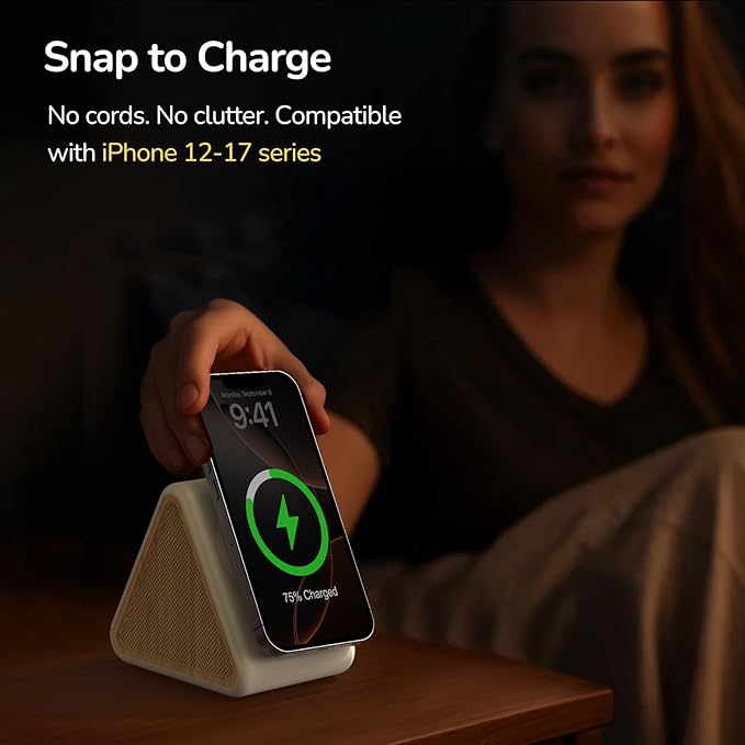 Housbay Sound Machine with Magnetic Wireless Charger for iPhone,2-in-1 Design for Clutter-Free Nightstand,Dual-Speaker Stereo Sound for Sleeping - White Oak