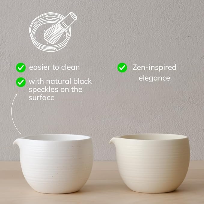 WENSHUO Matcha Whisk Set, Ceramic Matcha Bowl & Whisk Holder, Bamboo Accessory, Modern Design (Matte White, Pouring Spout)