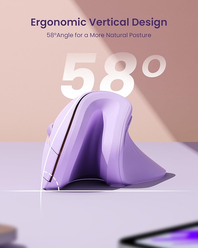 seenda Ergonomic Mouse with Jiggler - Wireless Vertical Mouse with Multi Device Connection (Bluetooth or USB), Reduces Wrist Strain, Quiet Click, Compatible with PC, Laptop, Mac, Windows (Purple)