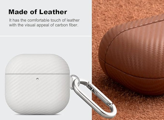 Leather Case for AirPods 4 / AirPods 4 with Active Noise Cancellation Case Cover with Keychain - Selected Skin-Friendly Leather, Carbon Fibre Texture, Handmade Shockproof Hard Cover - White