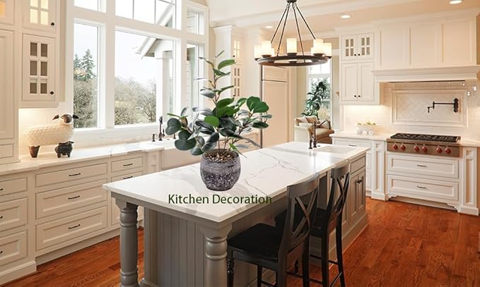 15" Fake Plants in Rustic Black Vase Real Looking and Touching Evergreen Ficus Leaf Faux Plant Indoor for Book Shelf Bathroom Office Desk Kitchen Counter Bedroom Small Space Artificial Plant Decor