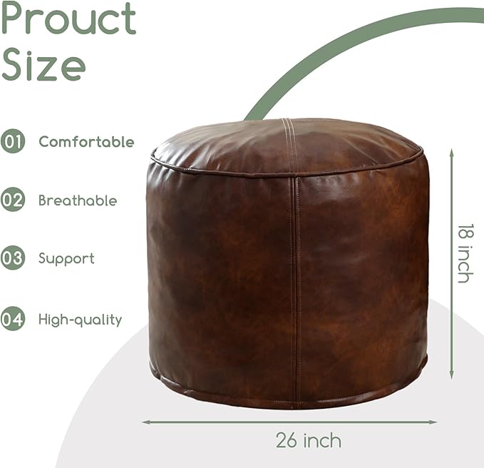 HIGOGOGO Round Stuffed Pouf Ottoman, Pu Leather Poufs with Foam Chunk Filling, Furry and Fluffy Pouf Foot Stool Storage Ottoman, 26 X 18 Floor Poufs Foot Rest for Living Room,Dark Brown