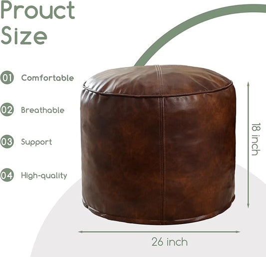 HIGOGOGO Round Stuffed Pouf Ottoman, Pu Leather Poufs with Foam Chunk Filling, Furry and Fluffy Pouf Foot Stool Storage Ottoman, 26 X 18 Floor Poufs Foot Rest for Living Room,Dark Brown