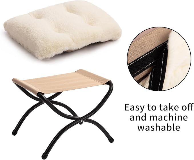 HollyHOME 15"(H) Folding Footrest Stool, Upholstered Small Foldable Ottoman, Accent Padded Sofa Foot Stool for Lazy Chair, Metal Frame Portable Foot Rest Ottoman for Home, Living Room, Bedroom, Beige