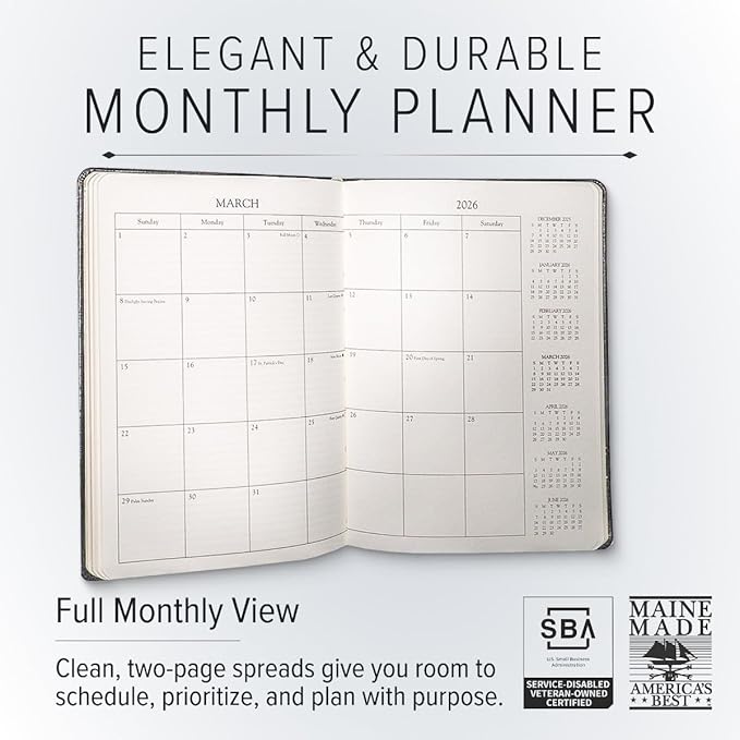 Gallery Leather Desk Monthly Planner 2025-2026, Elegantly Bound Calendar Planner and Notebook with Stylish Gold-Gilded Page Edges, 18 Months - Acadia Tan - 8x5.5”
