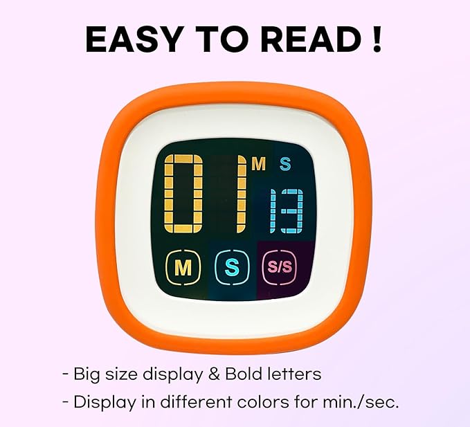 Digital Kitchen Timer, Countdown, Countup, Protective Rubber case, Large Display with Color Bold Digits, Touch Control, Backlit, Magnetic Kickstand, Loud Alarm, Auto Memory (Orange)