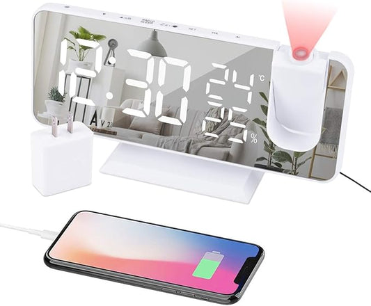 Projection Alarm Clock for Bedroom Ceiling Digital Clock Radio with USB Charger Ports, 7.3" Large LED Screen, 4 Dimmer, Dual Alarm Clock with 2 Sounds, Snooze, White