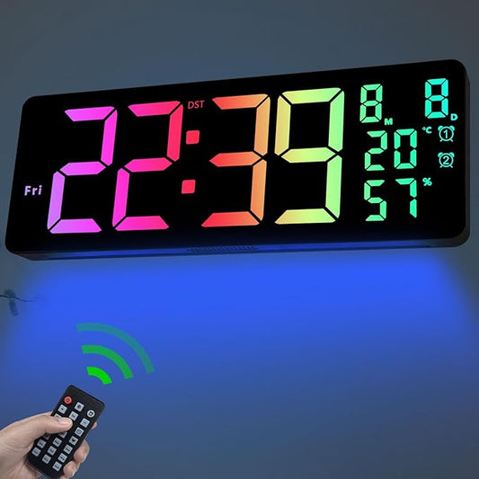 JoFomp 17.3" Large Digital Wall Clock, LED Digital Clock Large Display with Remote Control, Alarm Clock with Temp/DST/Dimmer/Humidity/Timer/Ambient Light - 12/24H, Alarm Wall Clock for Bedroom