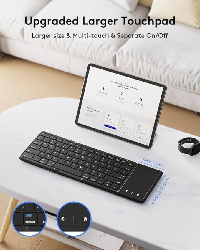 Samsers Foldable Bluetooth Keyboard with Touchpad, Full-Size Wireless Folding Portable Travel Keyboard for iOS Android Windows Mac OS, Support 3 Devices (BT5.1 x 3), Black
