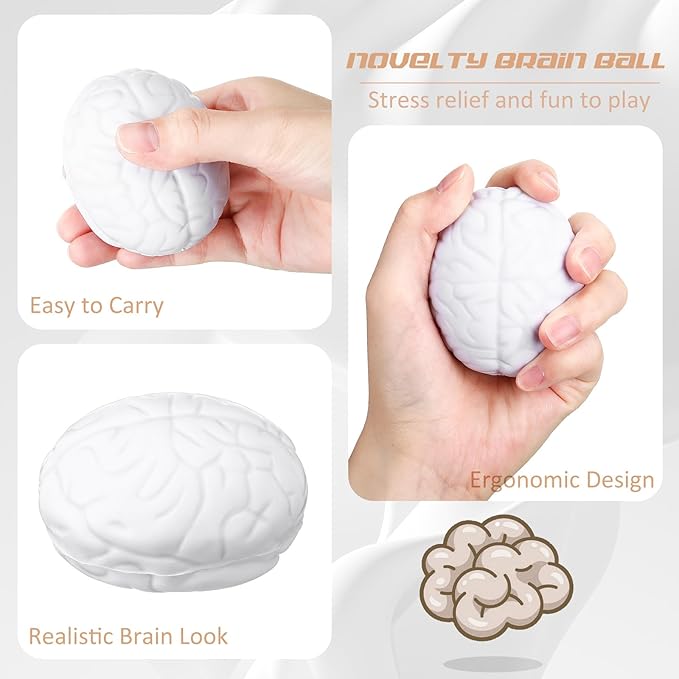 Jenaai 30 Pcs Brain Stress Ball Halloween Squeeze Toy 2.76 Inch PU Hand Muscle Exercise Pressure Ball Funny Stress Relief Toy for Teens Adults Improving Grip Strength Release Pressure(White)