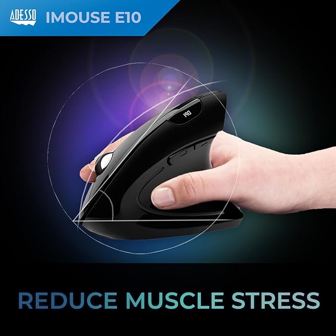 Adesso iMouse E10 - Vertical Ergonomic Optical 6-Button 2.4 GHz RF Wireless Mouse - Right Hand Orientation, Black