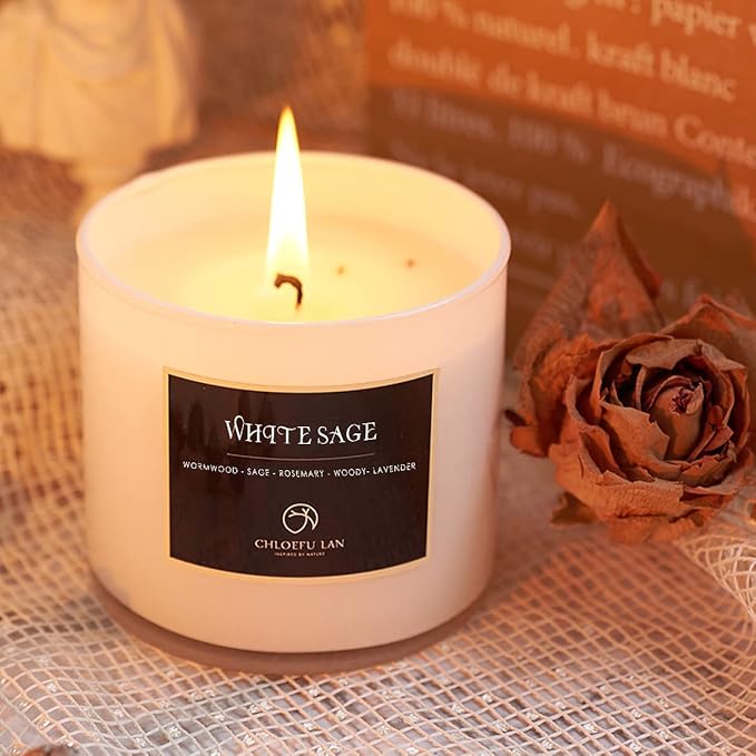 Chloefu LAN White Sage Candle for House Energy Cleansing and Chakra Healing-Relaxing Soy Scented Candles Gift for Women 7.1oz|45 Hour Long Lasting Glass Jar Candle Stress Relief