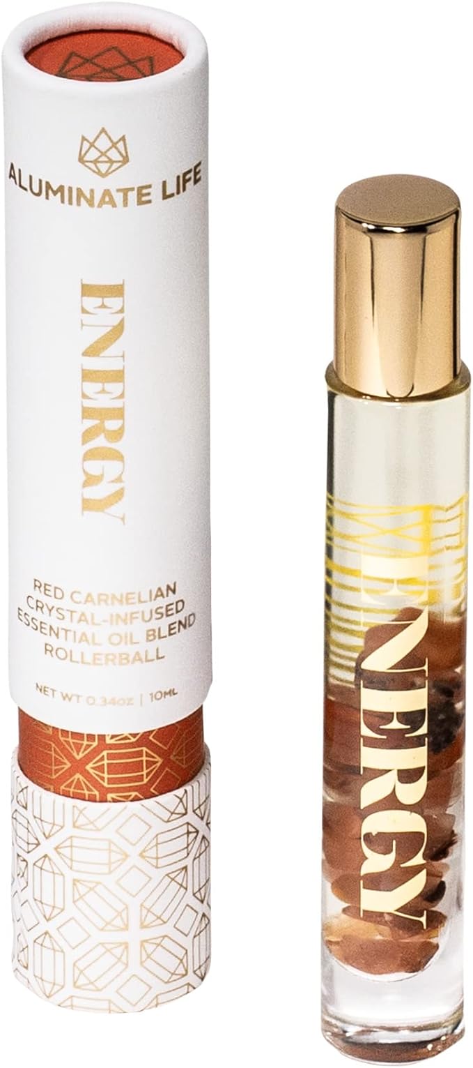 Essential Oil Rollerballs, .34 OZ, Energy - Red Carnelian Crystal Infused - Scents of Lemon, Grapefruit, & Bergamot - Aromatherapy Roll On Oils, Skin Care, Massage