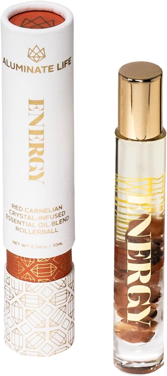 Essential Oil Rollerballs, .34 OZ, Energy - Red Carnelian Crystal Infused - Scents of Lemon, Grapefruit, & Bergamot - Aromatherapy Roll On Oils, Skin Care, Massage