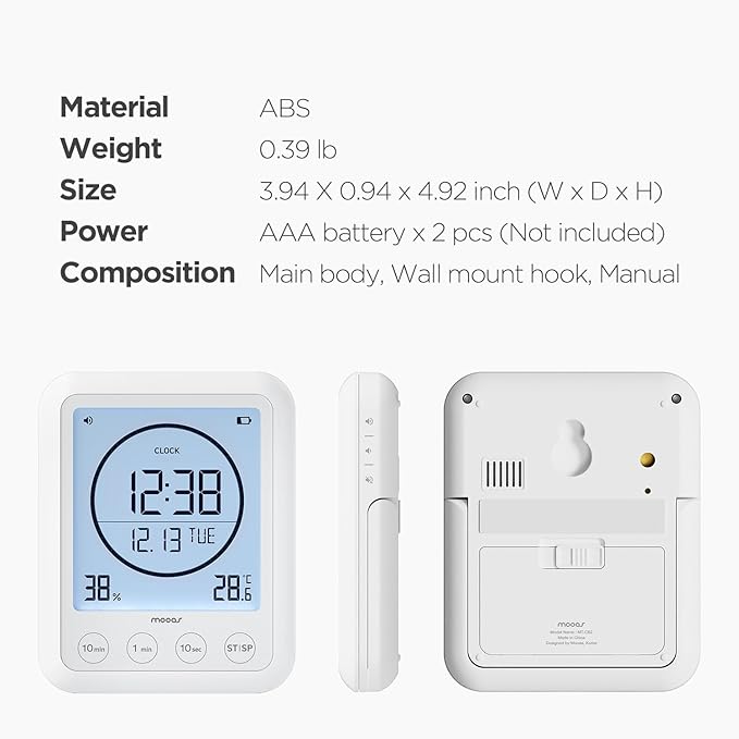 mooas Visual Shower Clock Digital Bathroom Shower Clock Waterproof Shower Timer, Temperature & Humidity, Large Backlit Display, Countdown Countup Productivity Timer for Kitchen & Bathroom