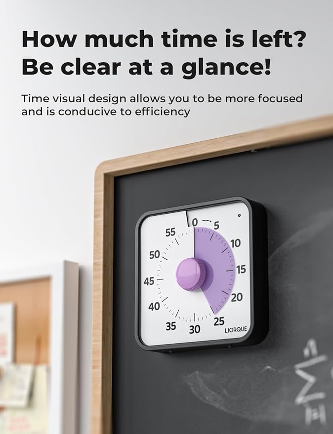 LIORQUE 60 Minute Visual Timer for Kids and Adults, Non-Ticking 7.5 Inch Large Visual Countdown Timers for Classroom Desk Countdown Clock with Magnetic Backing, Kids Pomodoro Timer Clock