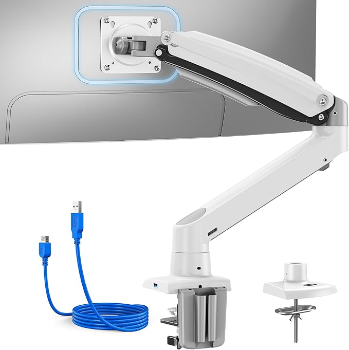 HUANUO Single Monitor Arm for 40 inch Screens, Ultrawide Computer Monitor Mount Holds 26.48 lbs, Upgraded Adjustable Stand with USB, C-Clamp & Grommet Base, VESA 75x75 or 100x100mm