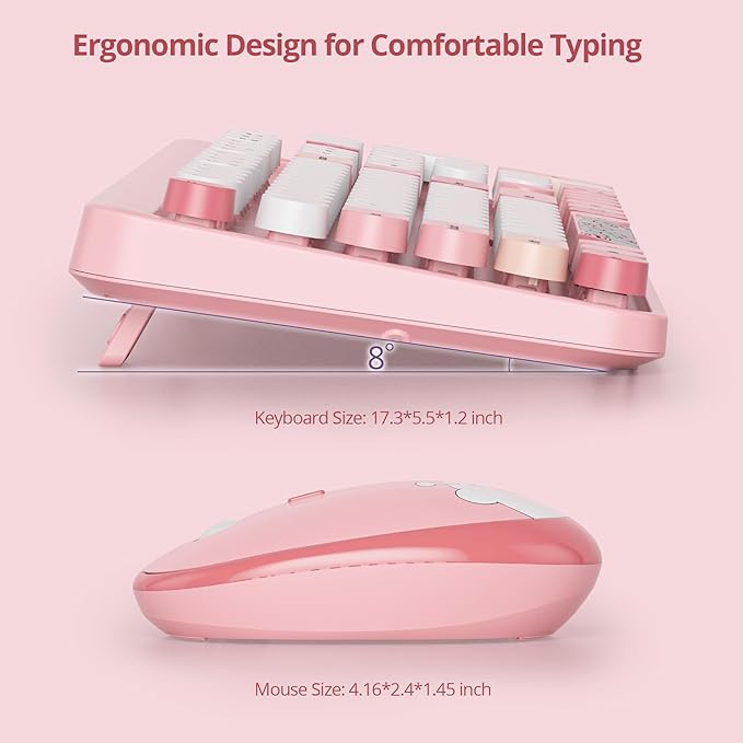 GTSP Pink Typewriter Keyboard Wireless Mouse Combo, Cute Keyboard 2.4G Office Full-Sized Retro with Round Keycaps for Laptop PC Desktops（Pink）