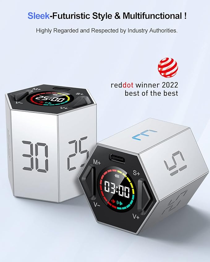 Ticktime Pomodoro Timer Cube, Hexagon Productivity Timer, Pause & Resume, Silent & Adjustable Sound Alert, for ADHD, Task, Work, Study, 3/5/10/15/25/30min & Custom Countdown - Gray