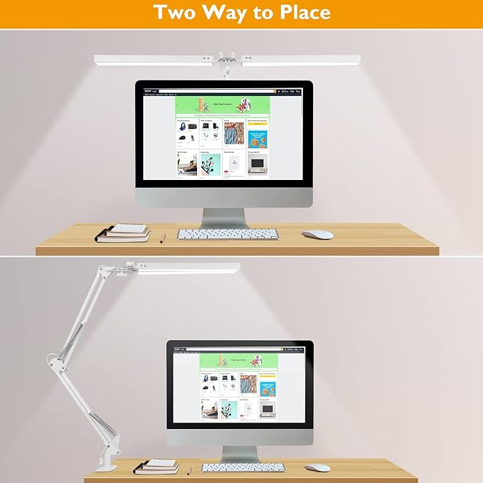 LED Desk Lamp with Clamp, Super Bright Double Head Task Light, 5 Color Modes, 10%~100% Dimmable Brightness, Modern Swing Arm Workbench Light