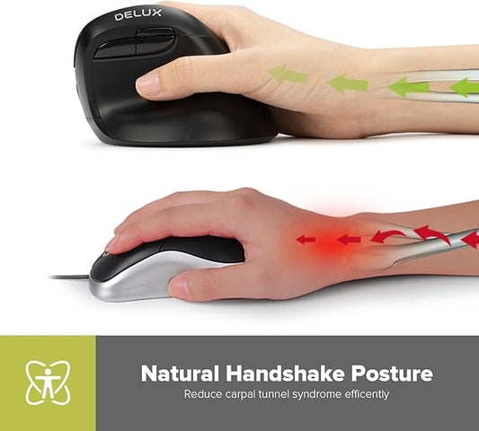 DeLUX Wireless Small Ergonomic Mouse, Silent BT Vertical Mouse, 6 Buttons and 4000 DPI, Reduce Wrist Pain and Hand Pressure, for PC Computer Laptop (M618Mini DB-Black)