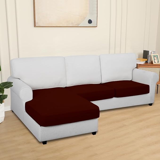 Easy-Going 100% Waterproof 3 Pieces Couch Cushion Covers for Sectional Sofa Left/Right L Shape Chaise Lounge Sofa Seat slipcover Anti-Slip Sofa Cover (2 Seater + 1 Chaise, Wine
