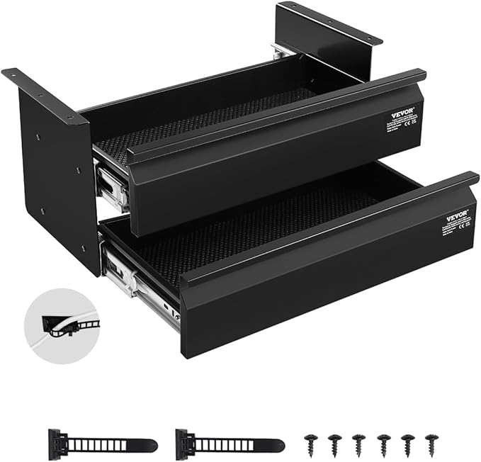 VEVOR Under Desk 2 Layer Slide Out Drawer, 16 inch Under Desk Pull-out Drawer for Home Office Sit Stand Workstation, Black