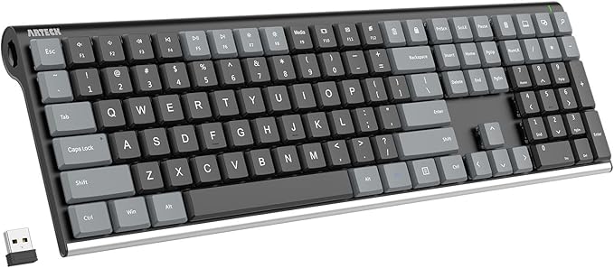 Arteck Mechanical 2.4G USB Wireless Performance Keyboard, Tacktile Quiet Brown Switches, Stainless Steel Low Profile for PC/Desktop/Laptop/TV and Windows 11/10 Built in Rechargeable Battery Gray