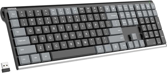 Arteck Mechanical 2.4G USB Wireless Performance Keyboard, Tacktile Quiet Brown Switches, Stainless Steel Low Profile for PC/Desktop/Laptop/TV and Windows 11/10 Built in Rechargeable Battery Gray