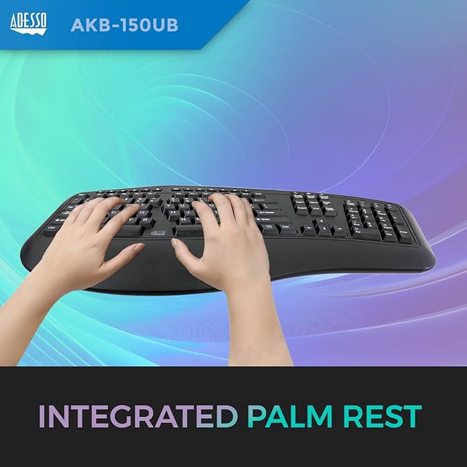 Adesso Ergonomic USB Keyboard with Integrated Palm Rest - Split Key Design, Multimedia & Internet Hotkeys, 105-Key US Layout AKB-150UB