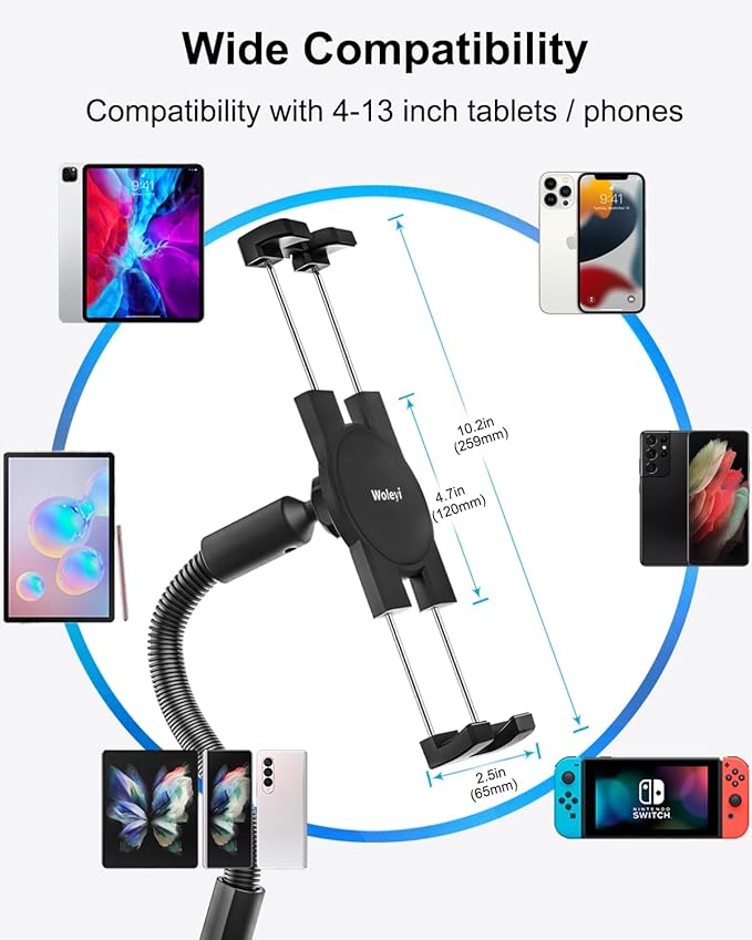woleyi Gooseneck Treadmill Tablet Holder, Exercise Bike Handlebar Clamp for Spin Bike Peloton, Indoor Stationary Bicycle, Elliptical, Stroller for 4.7-13" iPad Pro Air Mini, Phone, Galaxy, Fire, Ebook
