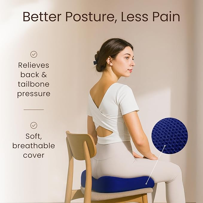 Sleepavo Navy Blue Memory Foam Seat Cushion for Office Chair - Pillow for Sciatica, Coccyx, Back, Tailbone and Lower Back Pain Relief - Orthopedic Chair Pad Lumbar Support in Office, Car, Airplane