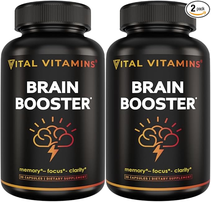 Vital Vitamins Brain Supplements for Memory and Focus (2-Pack)– Nootropic Brain Booster with Ginkgo Biloba, Rhodiola, B12 – Caffeine-Free Support for Adults & Seniors – 60-Day Supply