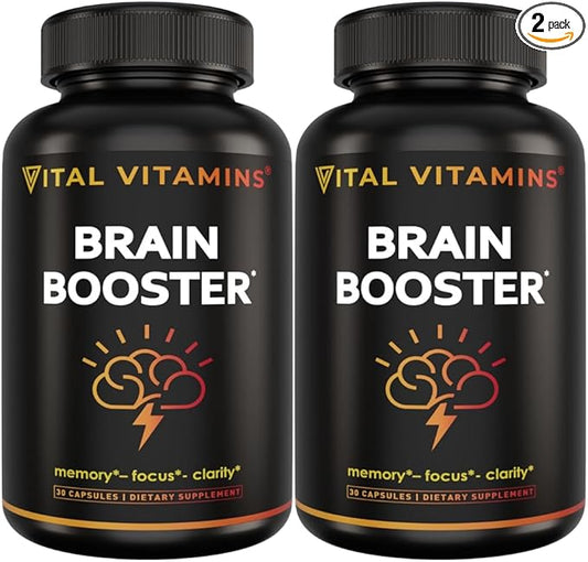 Vital Vitamins Brain Supplements for Memory and Focus (2-Pack)– Nootropic Brain Booster with Ginkgo Biloba, Rhodiola, B12 – Caffeine-Free Support for Adults & Seniors – 60-Day Supply