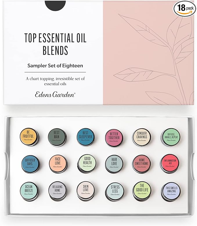 Edens Garden Top Essential Oil Blends Sampler 18 Set – 100% Pure Therapeutic Grade, Natural, Undiluted Aromatherapy Scents for Diffusers & Humidifiers – Wellness Gift for Men & Women, .92 ml/ 18 Pack