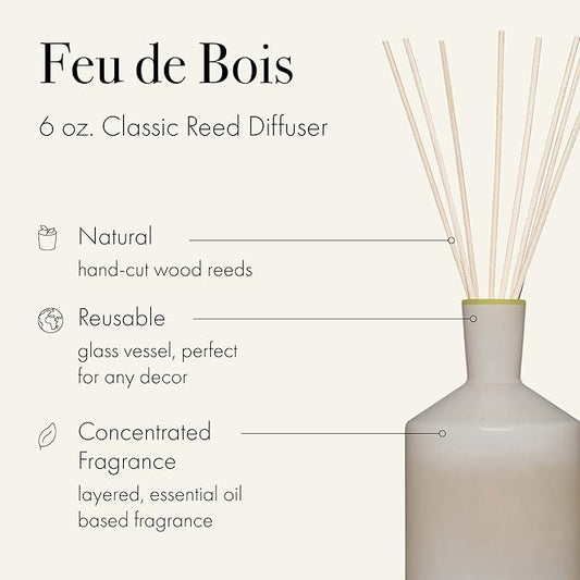 LAFCO New York Classic Reed Diffuser, Feu de Bois - 6 oz - Up to 3 Months Fragrance Life - Reusable Glass Vessel - Natural Wood Reeds - Made in The USA