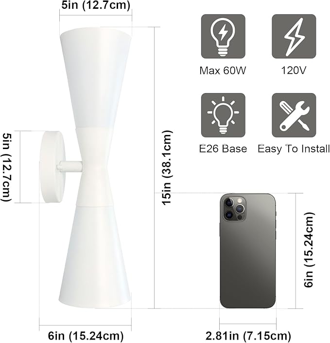 Modern Indoor Wall Sconces Set of 2 Up and Down White Wall Sconces Mid Century Indoor Wall Light Fixture Hardwired Wall Mounted Lamp for Living Room Bathroom Bedroom Hallway 15 Inch