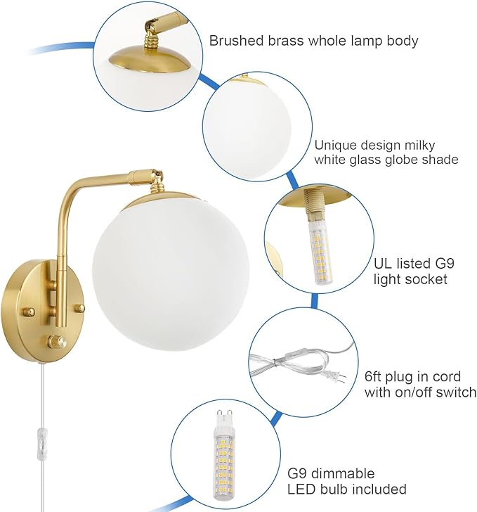 Wall Sconces Plug in, Dimmable Swing Arm Wall Lights with Plug in Cord and Dimmer On/Off Knob Switch, Dimmable Wall Light with Milky White Glass Globe Shade(1 Bulb Included)