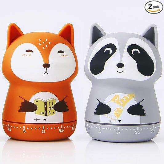 2 Pack Cute Kitchen Timer,100% Mechanical Timer for Kids,60 Minute Egg Timer for Cooking/Reading/Do Sports. (Fox and Raccoon)