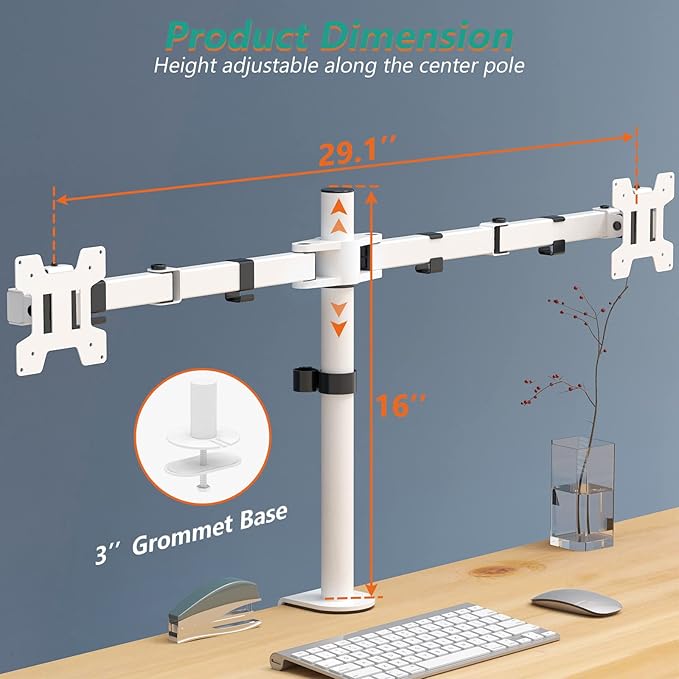 WALI Dual LCD Monitor Fully Adjustable Desk Mount Stand Fits 2 Screens up to 27 inch, 22 lbs. Weight Capacity per Arm (M002-W), White