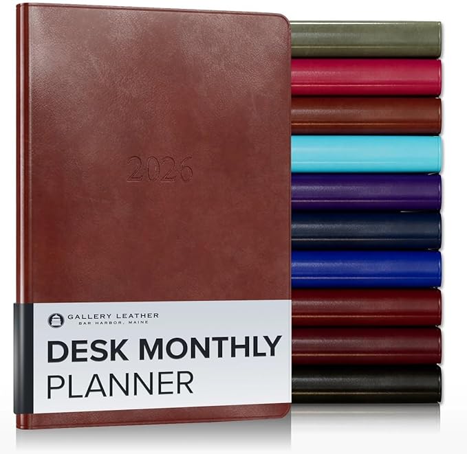 Gallery Leather Desk Monthly Planner 2025-2026, Elegantly Bound Calendar Planner and Notebook with Stylish Gold-Gilded Page Edges, 18 Months - Acadia Tan - 8x5.5”
