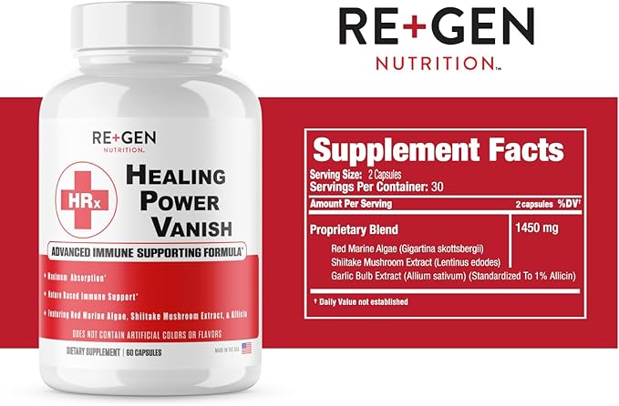 Herp Rescue Healing Power Vanish, Immune Support for Women, Mushroom Supplement, Pure Shiitake Mushroom, Beta Glucan, Red Marine Algae, 60 Capsules