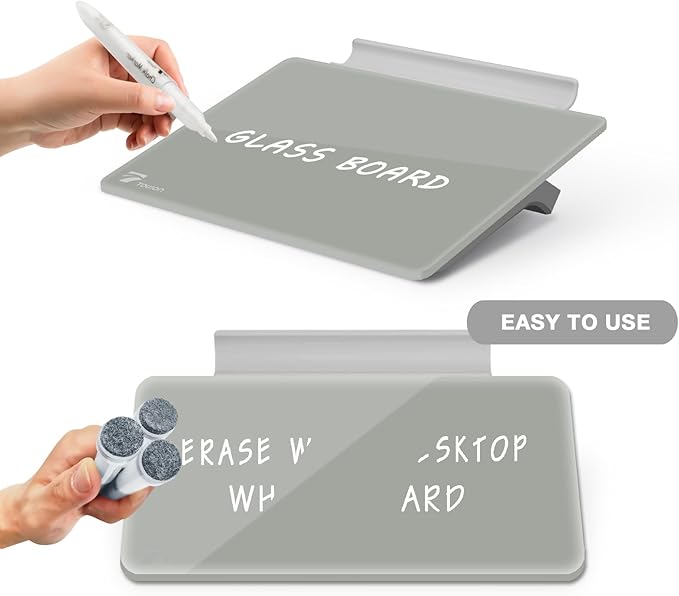 TOWON Small Glass Dry Erase Board, Desk White Board with Standing, Mini Whiteboard Easel Pad Set, Stenography Artifact for Office, Home and School Supplies, 8 x 6 Inches, Gray