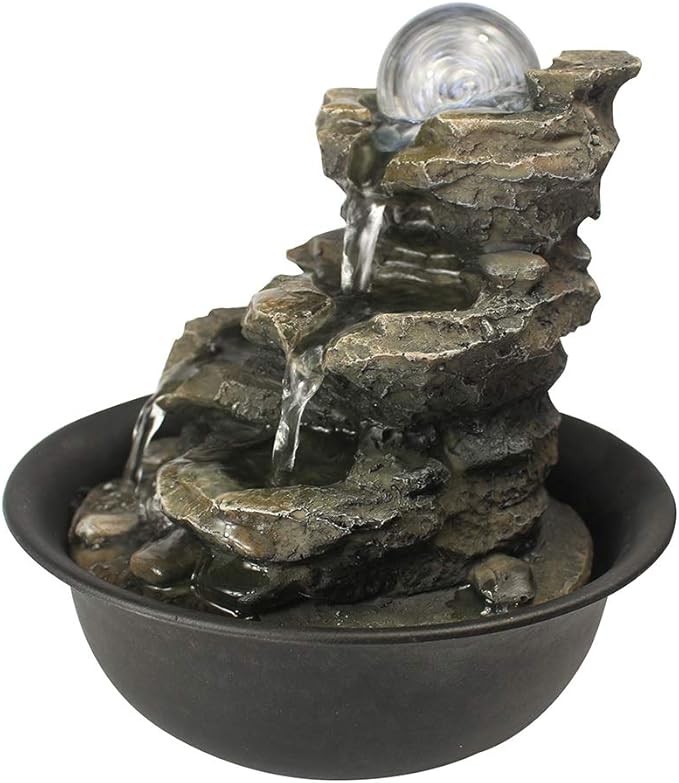 8.3" High 4-Tier Cascading Rock Falls Tabletop Water Fountain with LED Light & Spinning Ball - Indoor Small Waterfall Feature for Office, Home and Bedroom Desktop Decor Dark Grey