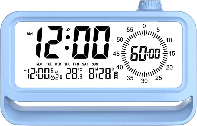 Digital Alarm Clock Night Light Visual Timer, LCD Time Reminder with 3 Alarms, Snooze,Temperature Display, Ideal for Family Education Teaching and Time Management Gifts for Kids (Blue)