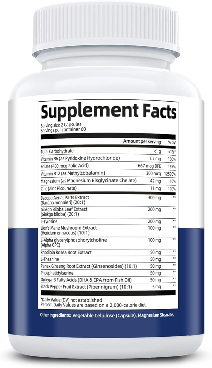 Brain Supplements for Memory & Focus - Nootropic with Bacopa Monnieri, Lion's Mane, Alpha GPC, Phosphatidylserine | Supports Mental Clarity & Cognitive Function | Vitamin B6 & B12-120 Capsules