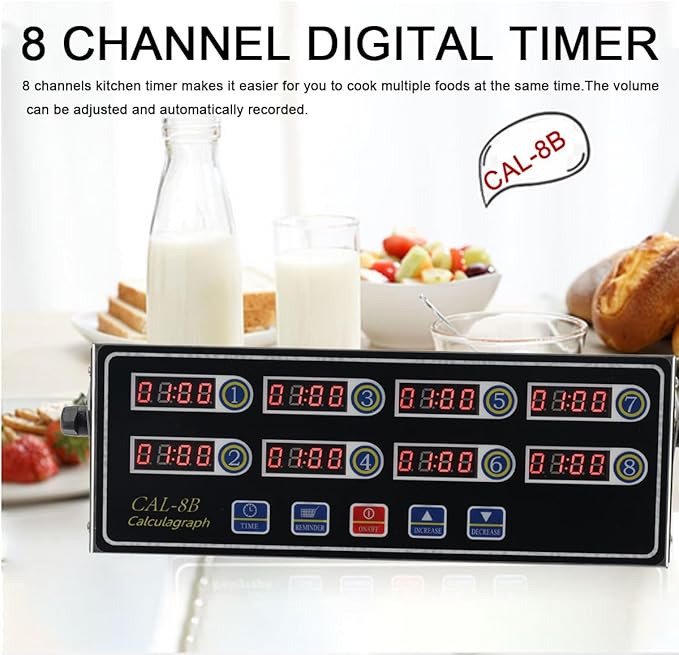 8-Channel Digital Kitchen Timer, Stainless Steel Commercial Restaurant Timer with Adjustable Loud Alarm & Waterproof Keypad for Home Restaurant Kitchen