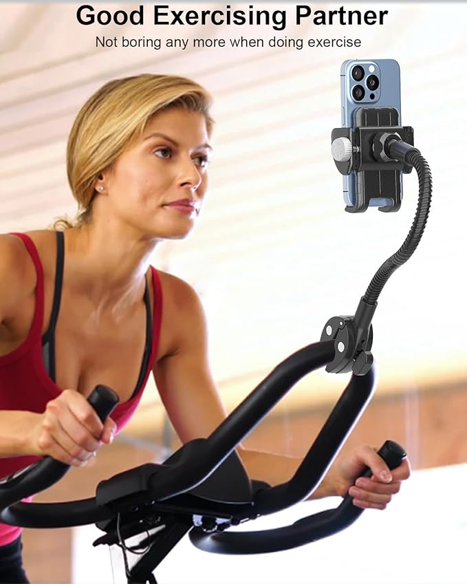 woleyi Gooseneck Phone Mount for Treadmill, Spin Bike Phone Holder Handlebar Clamp for Exercise Bike Peloton, Stationary Indoor Cycling, Stroller, for iPhone 16 Pro Max/15/14/13/12/11, 4-7" Smartphone