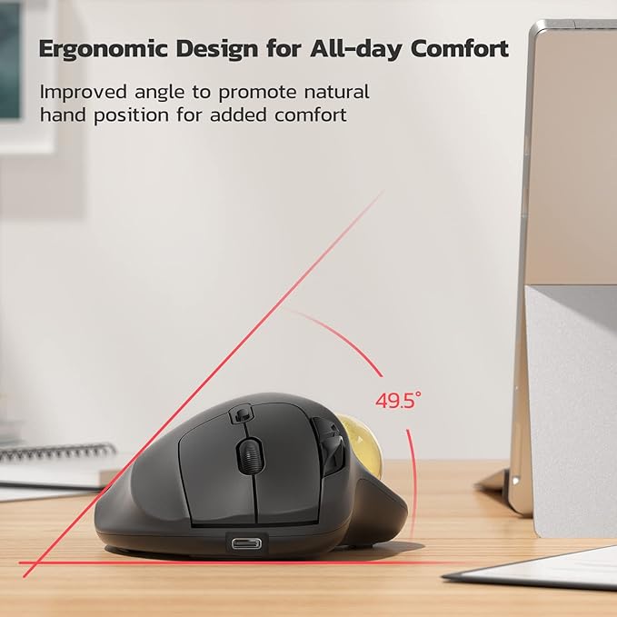 Nulea M501 Wireless Trackball Mouse, Rechargeable Ergonomic, Easy Thumb Control, Precise & Smooth Tracking, 3 Device Connection (Bluetooth or USB Receiver), Compatible for PC, Laptop, Mac, Windows.